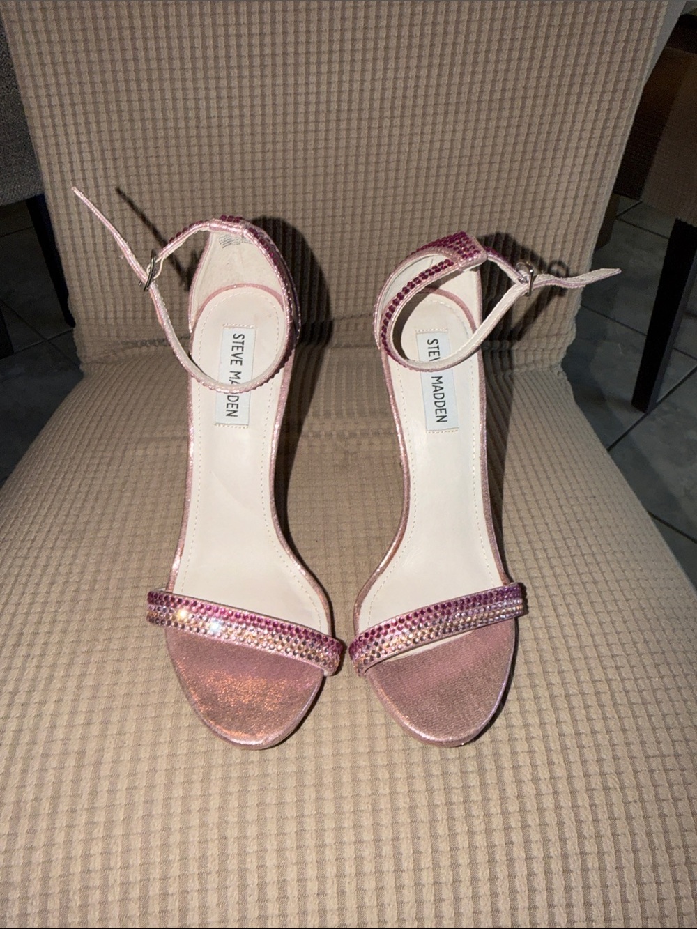 Steve Madden Pink Metallic Beaded Ankle-Strap Heels Size 7